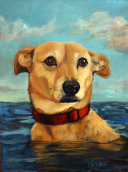 Painting of Dog Swimming in the Sussex Sea – by Artist Colette Simeons