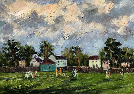 Football on the Village Green Painting - Sussex Artist Nellie Katchinska