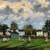 Football on the Village Green Painting by Sussex Artist Nellie Katchinska